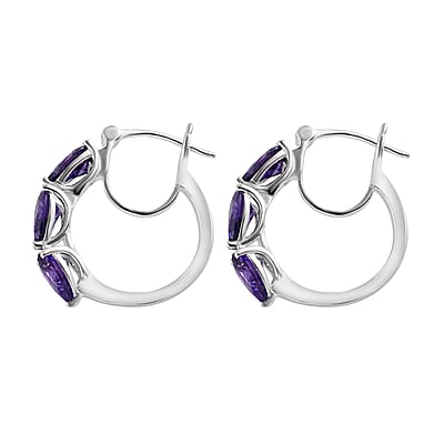 Simulated Purple Diamond Earrings, Hoop Earrings, Sterling Silver Earrings, Three Stone Earrings