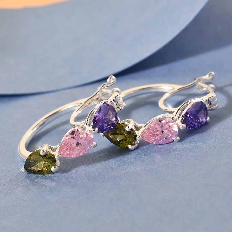 Simulated Multi Color Diamond Hoop Earrings in Sterling Silver