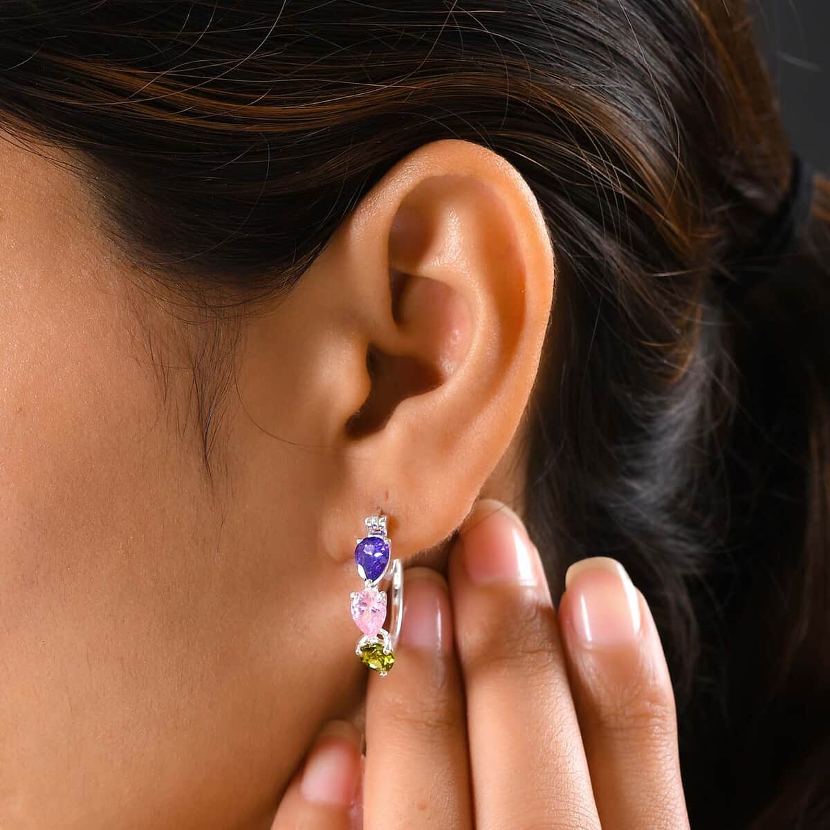 Simulated Multi Color Diamond Hoop Earrings in Sterling Silver image number 3