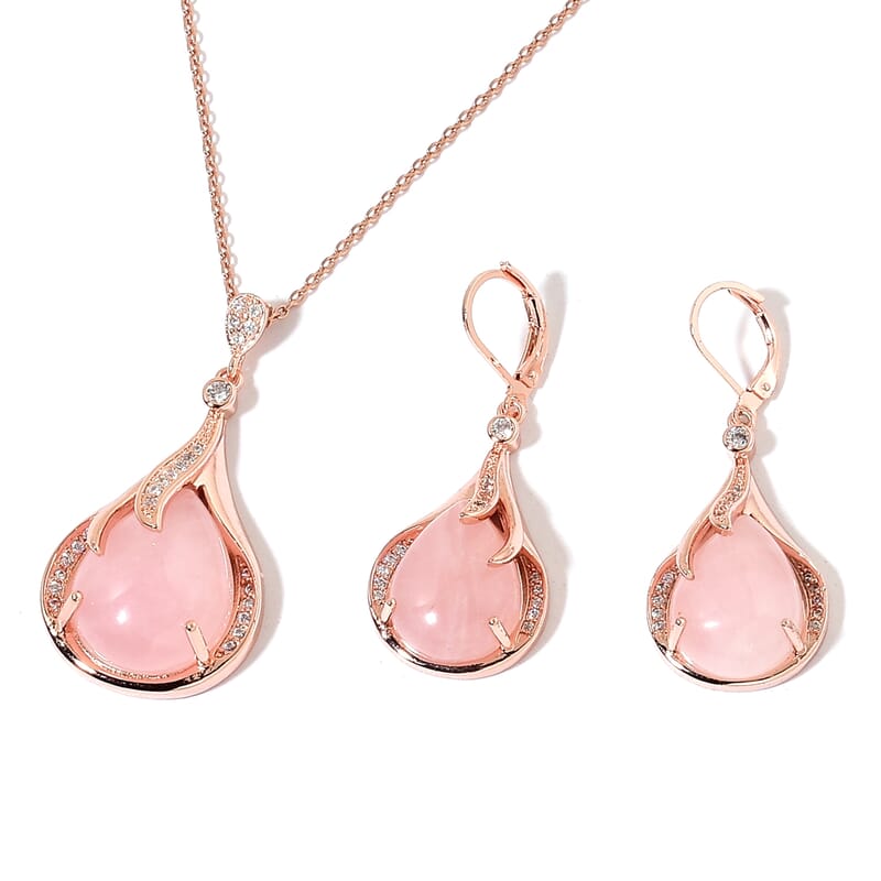 Galilea Rose Quartz and Simulated Diamond Earrings and Pendant Necklace 20 Inches in Rosetone and ION Plated Rose Gold Stainless Steel 11.70 ctw
