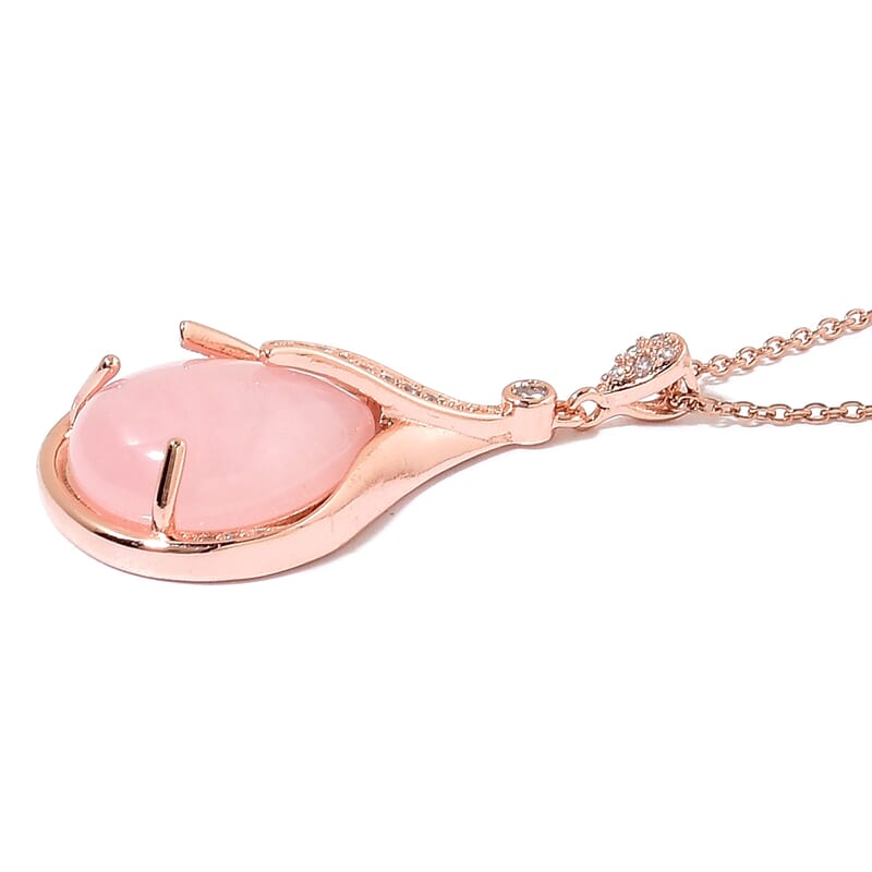 Galilea Rose Quartz and Simulated Diamond Earrings and Pendant Necklace 20 Inches in Rosetone and ION Plated Rose Gold Stainless Steel 11.70 ctw