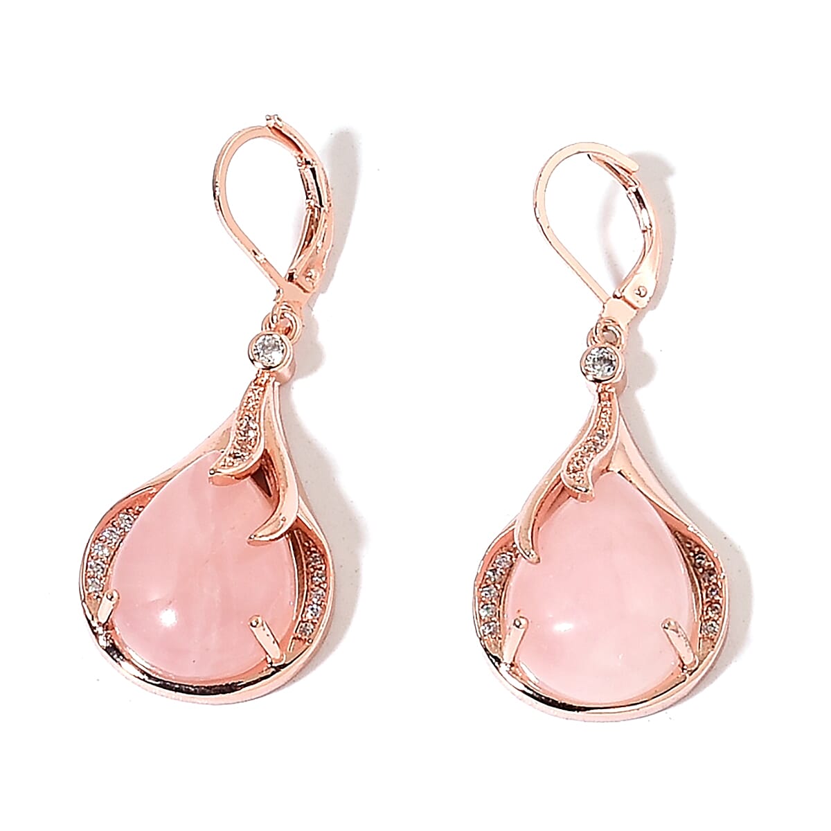 Galilea Rose Quartz and Simulated Diamond Earrings and Pendant Necklace 20 Inches in Rosetone and ION Plated Rose Gold Stainless Steel 11.70 ctw