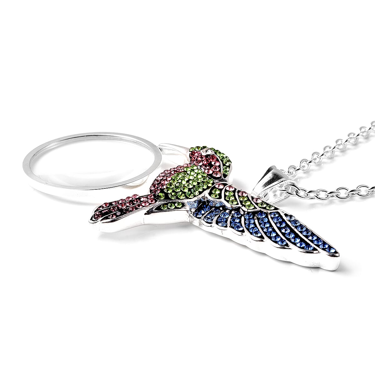 Multi Color Austrian Crystal Hummingbird Pendant Necklace 20 Inch in Stainless Steel image number 3
