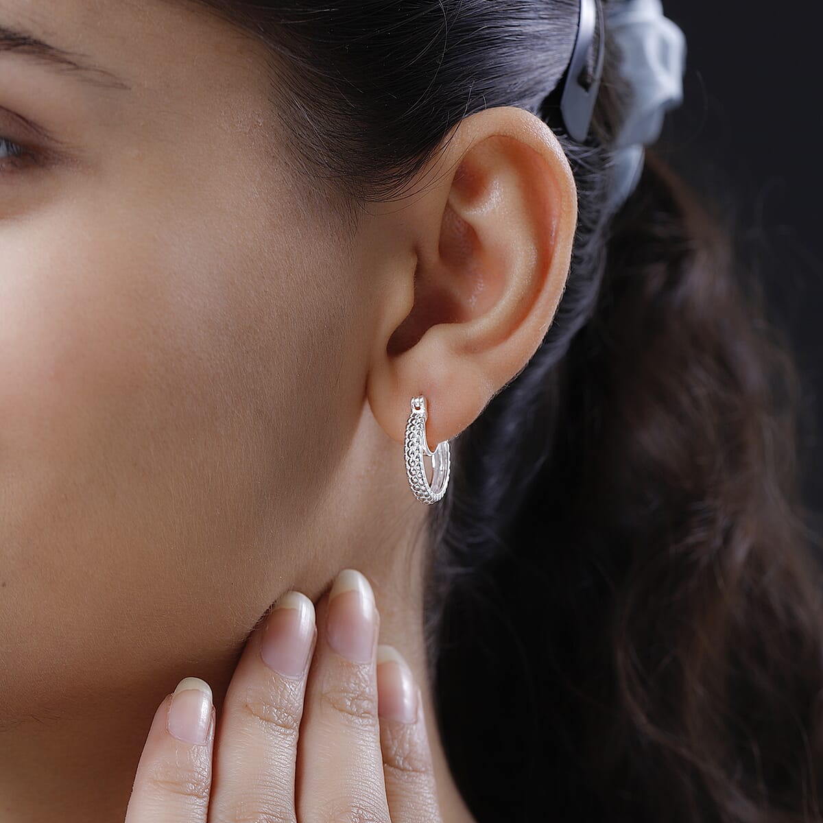 925 Sterling Silver Textured Earrings, Silver Hoops For Women image number 2