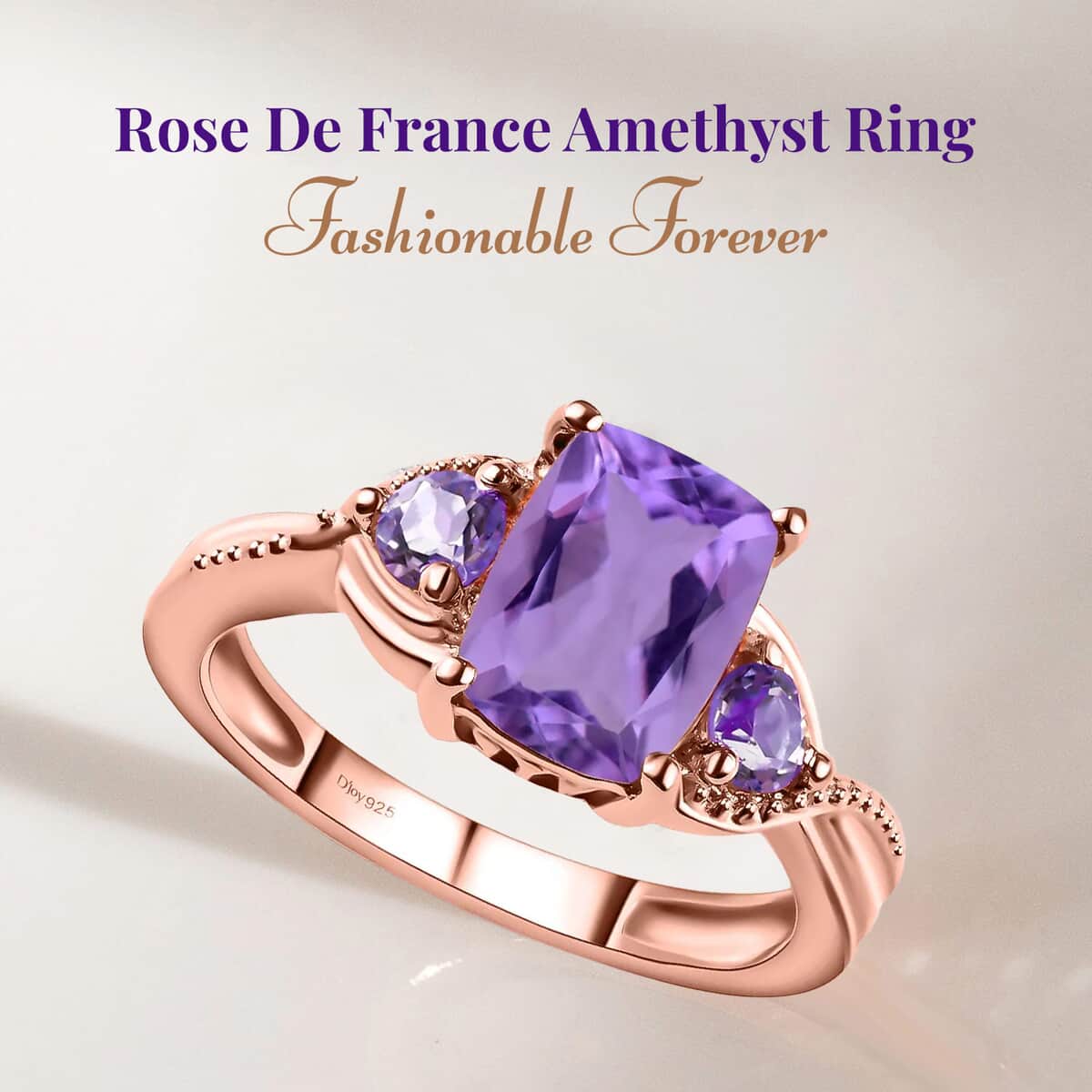 Rose De France Amethyst Ring in Rose Gold Plated Sterling Silver, Three Stone Ring, Trilogy Ring For Women, Amethyst Jewelry, Gifts For Her 1.60 ctw (Size 10.0) image number 2