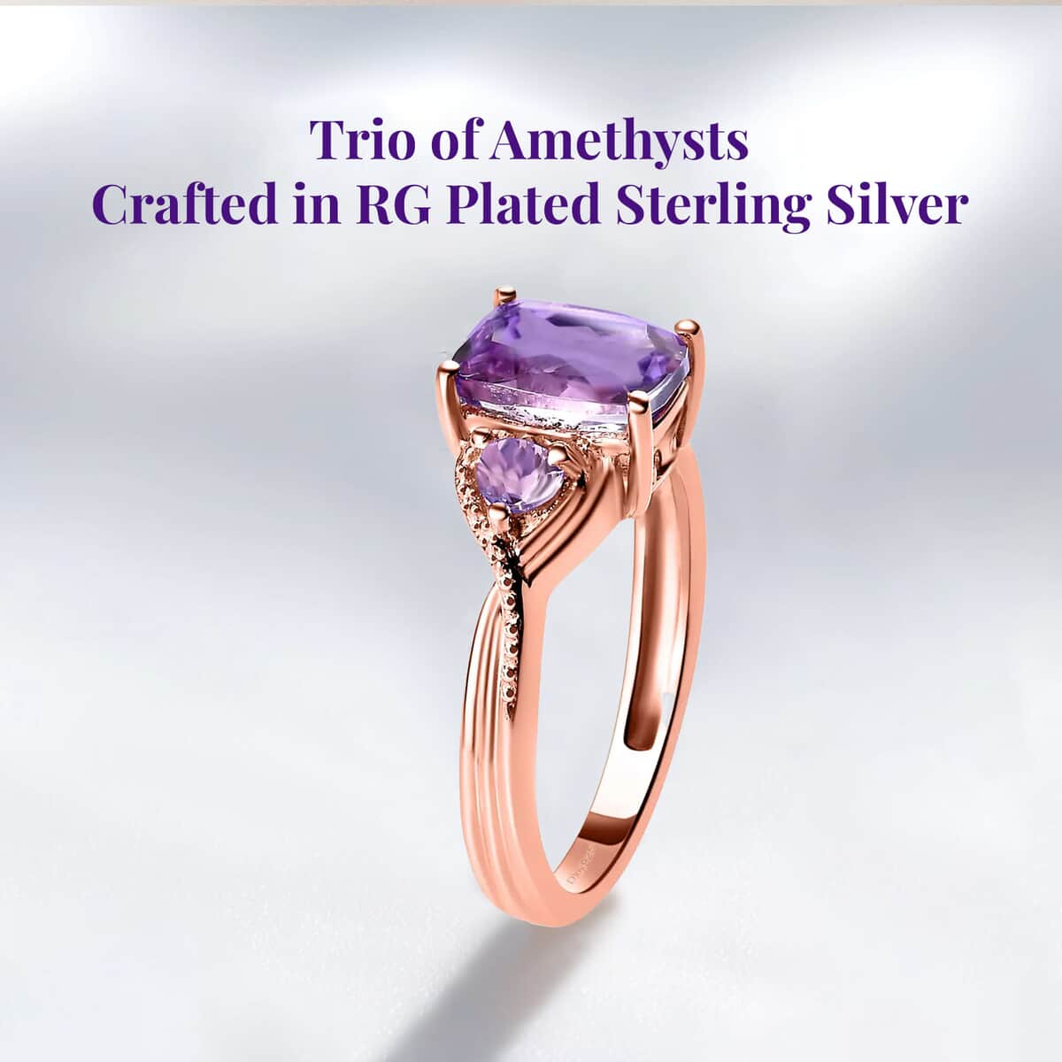 Rose De France Amethyst Ring in Rose Gold Plated Sterling Silver, Three Stone Ring, Trilogy Ring For Women, Amethyst Jewelry, Gifts For Her 1.60 ctw (Size 10.0) image number 3