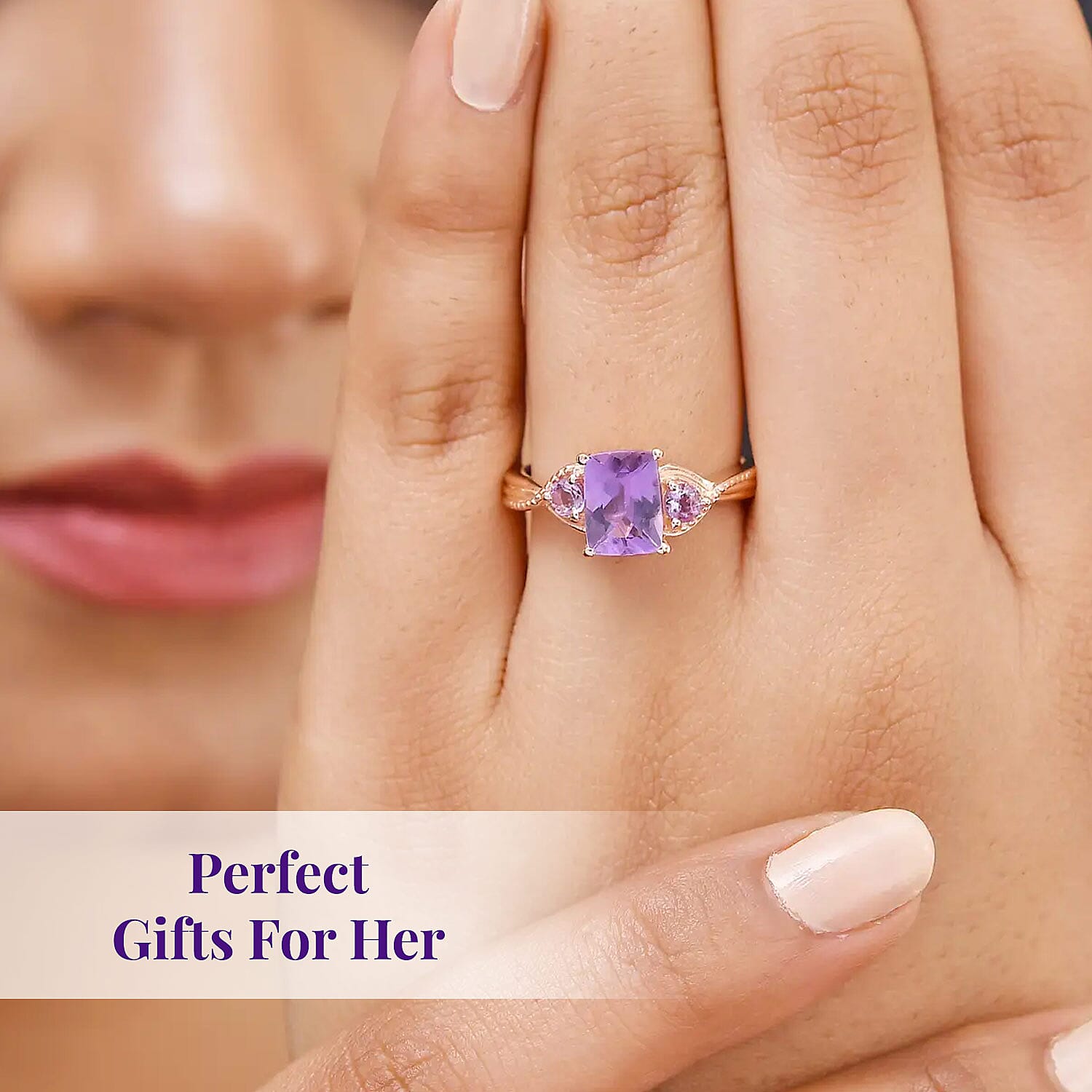 D'Joy Rose De France Amethyst 1.60 ctw 3 Stone Ring in 14K Rose Gold Over Sterling Silver (Size 10.0)