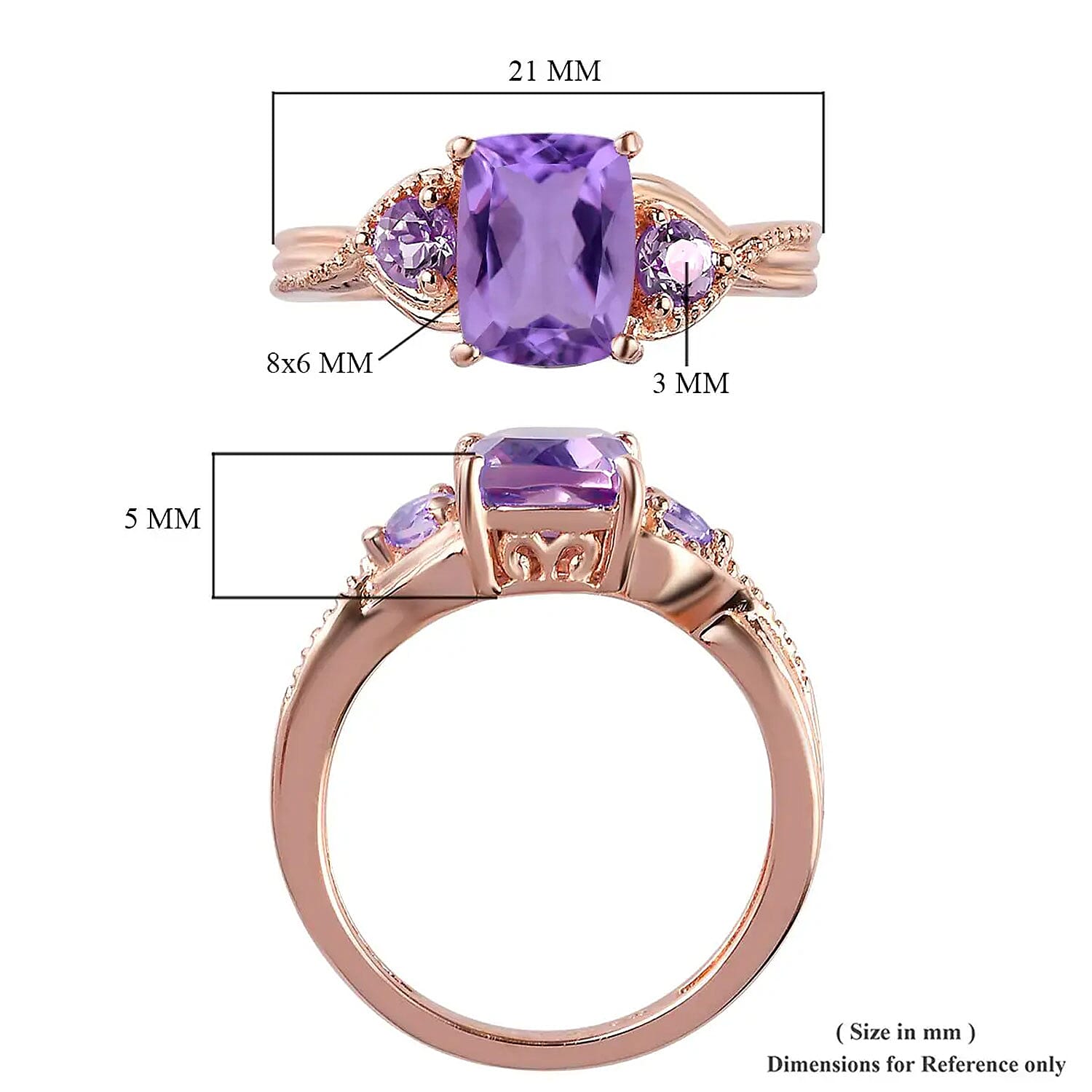 D'Joy Rose De France Amethyst 1.60 ctw 3 Stone Ring in 14K Rose Gold Over Sterling Silver (Size 10.0)