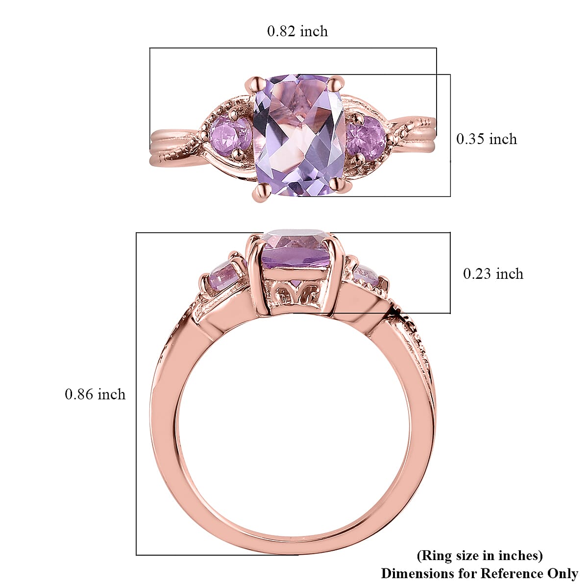 D'Joy Rose De France Amethyst 1.60 ctw 3 Stone Ring in 14K Rose Gold Over Sterling Silver (Size 10.0)