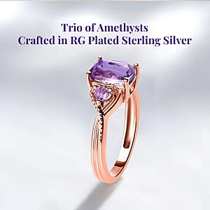 D'Joy Rose De France Amethyst 1.60 ctw Ring in Rose Gold Plated Sterling Silver, Three Stone Ring, Trilogy Ring For Women, Amethyst Jewelry, Gifts For Her (Size 11.0)