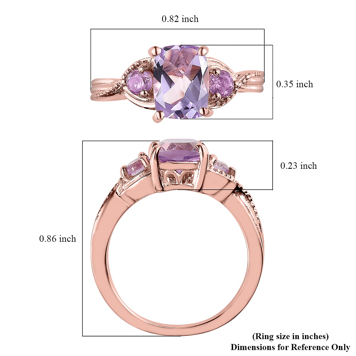 D'Joy Rose De France Amethyst 1.60 ctw 3 Stone Ring in 14K Rose Gold Over Sterling Silver (Size 11.0)