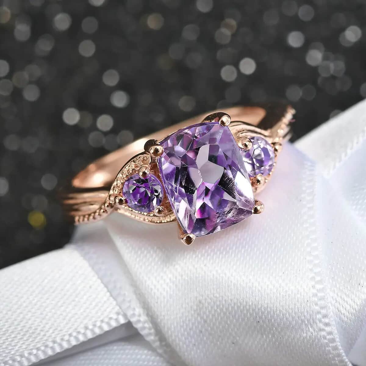 Rose De France Amethyst Ring in Rose Gold Plated Sterling Silver, Three Stone Ring, Trilogy Ring For Women, Amethyst Jewelry, Gifts For Her 1.60 ctw (Size 6.0) image number 1
