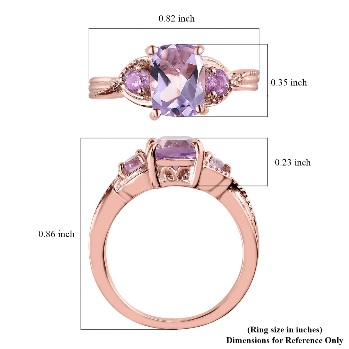 Rose De France Amethyst Ring in Rose Gold Plated Sterling Silver, Three Stone Ring, Trilogy Ring For Women, Amethyst Jewelry, Gifts For Her 1.60 ctw (Size 6.0) image number 7
