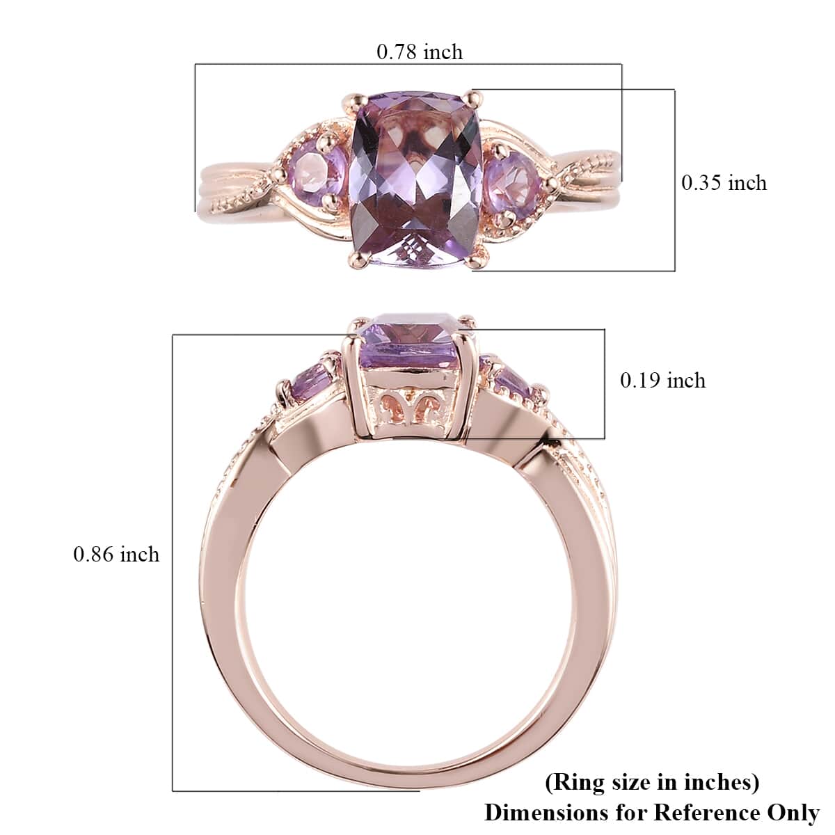 Rose De France Amethyst 1.60 ctw Ring in Rose Gold Plated Sterling Silver, Three Stone Ring, Trilogy Ring For Women, Amethyst Jewelry, Gifts For Her (Size 7.0) image number 7