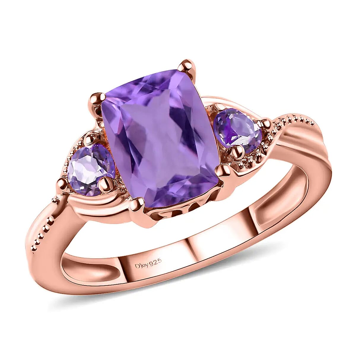D'Joy Rose De France Amethyst 1.60 ctw Ring in Rose Gold Plated Sterling Silver, Three Stone Ring, Trilogy Ring For Women, Amethyst Jewelry, Gifts For Her (Size 9.0) image number 0