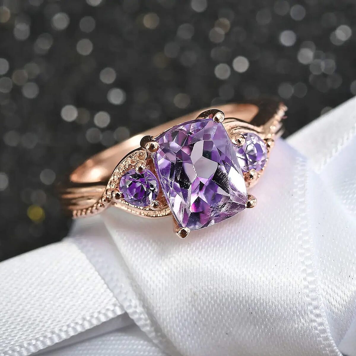 D'Joy Rose De France Amethyst 1.60 ctw Ring in Rose Gold Plated Sterling Silver, Three Stone Ring, Trilogy Ring For Women, Amethyst Jewelry, Gifts For Her (Size 9.0) image number 1