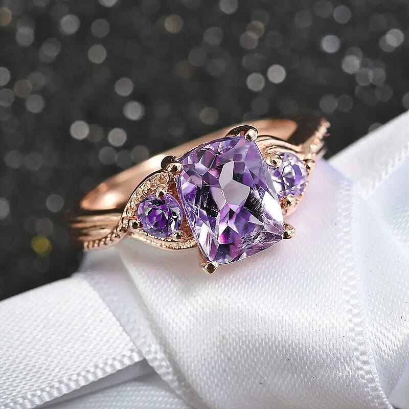 D'Joy Rose De France Amethyst 1.60 ctw 3 Stone Ring in 14K Rose Gold Over Sterling Silver (Size 9.0)