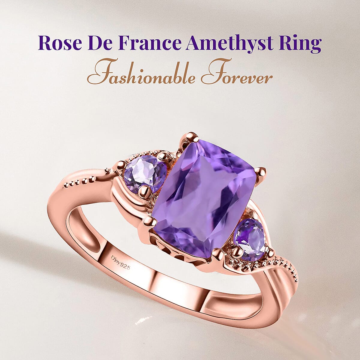 D'Joy Rose De France Amethyst 1.60 ctw Ring in Rose Gold Plated Sterling Silver, Three Stone Ring, Trilogy Ring For Women, Amethyst Jewelry, Gifts For Her (Size 9.0) image number 2