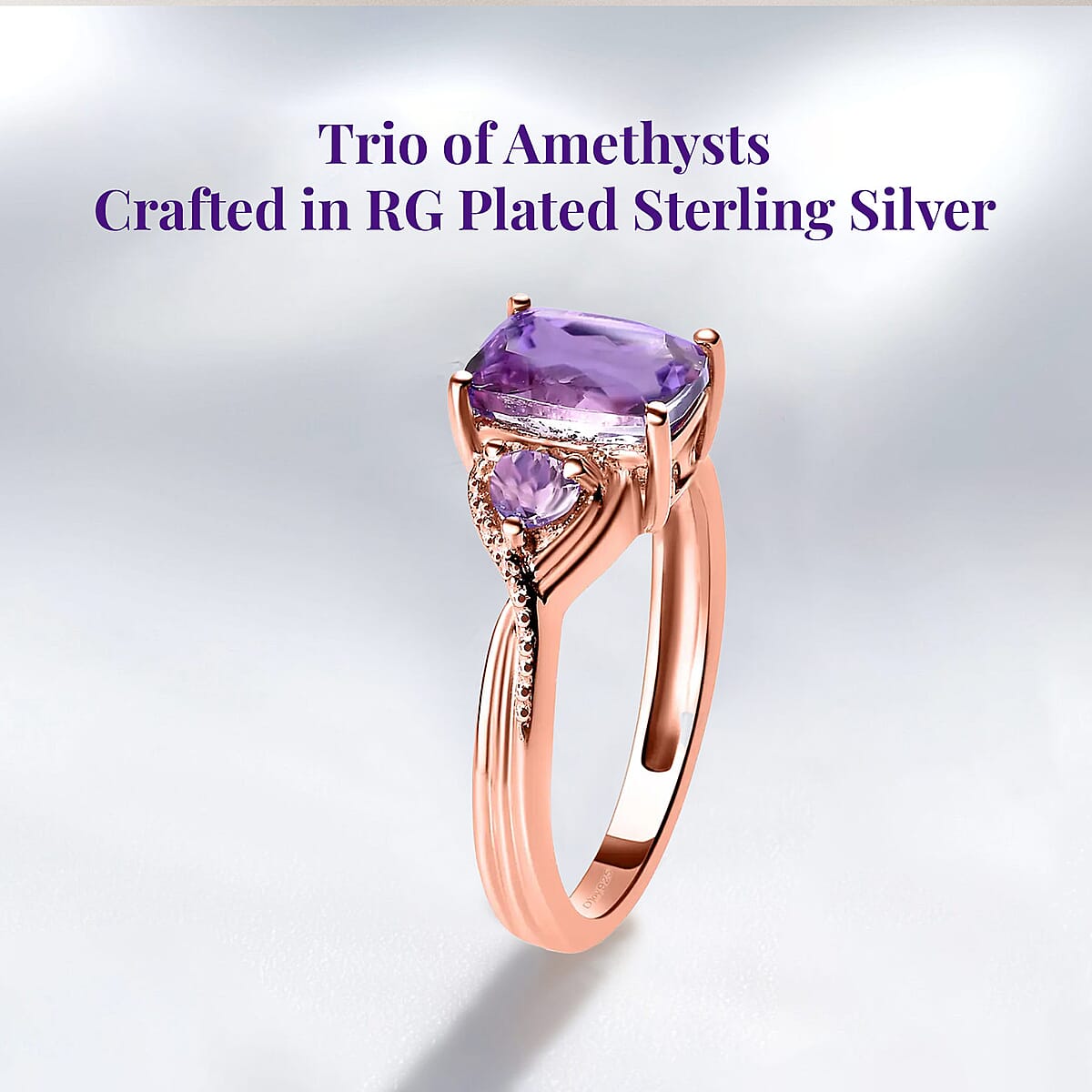 D'Joy Rose De France Amethyst 1.60 ctw Ring in Rose Gold Plated Sterling Silver, Three Stone Ring, Trilogy Ring For Women, Amethyst Jewelry, Gifts For Her (Size 9.0) image number 3