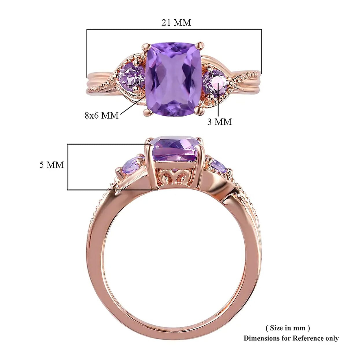 D'Joy Rose De France Amethyst 1.60 ctw Ring in Rose Gold Plated Sterling Silver, Three Stone Ring, Trilogy Ring For Women, Amethyst Jewelry, Gifts For Her (Size 9.0) image number 6