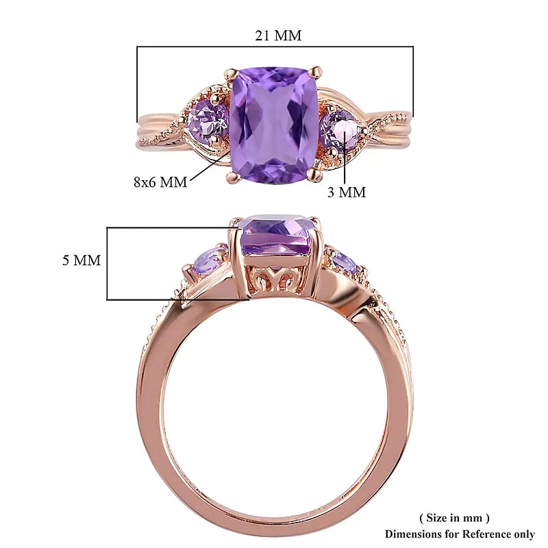 D'Joy Rose De France Amethyst 1.60 ctw 3 Stone Ring in 14K Rose Gold Over Sterling Silver (Size 9.0)