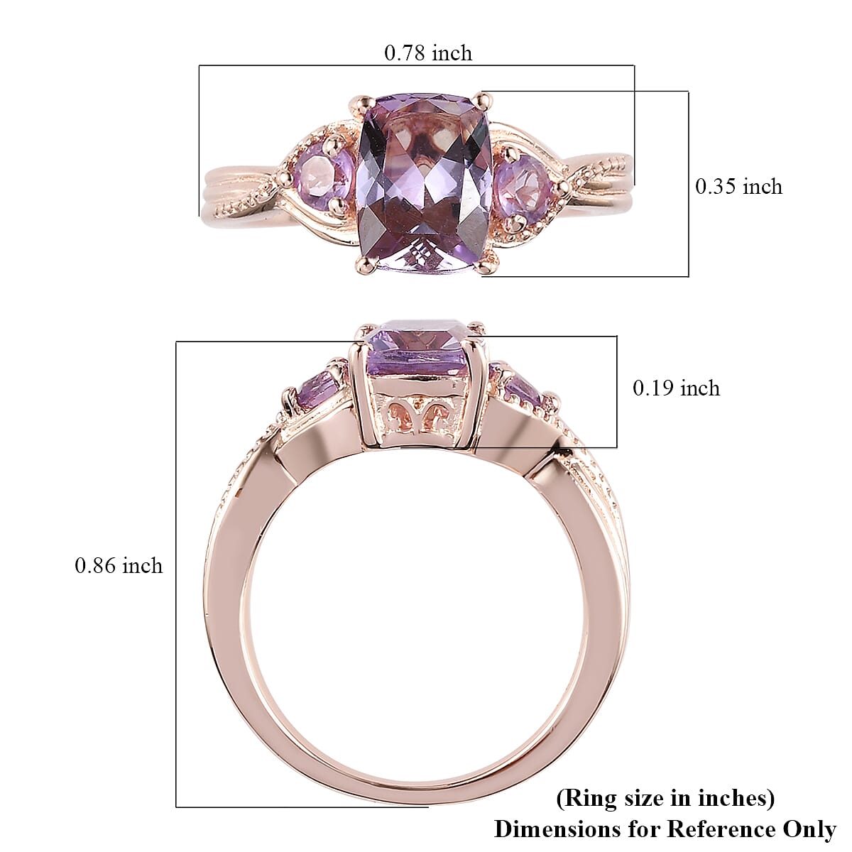 D'Joy Rose De France Amethyst 1.60 ctw Ring in Rose Gold Plated Sterling Silver, Three Stone Ring, Trilogy Ring For Women, Amethyst Jewelry, Gifts For Her (Size 9.0) image number 7