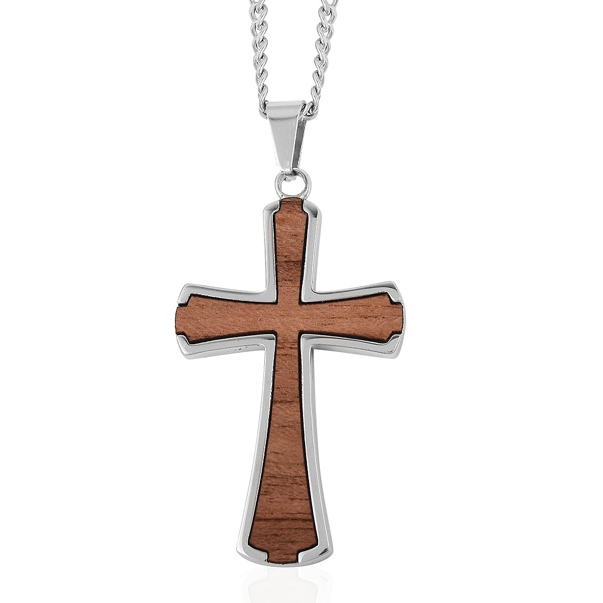 Acacia Wood Enameled Stainless Steel Men's Ring (Size 10) and Cross Pendant With Chain (24 in) image number 5
