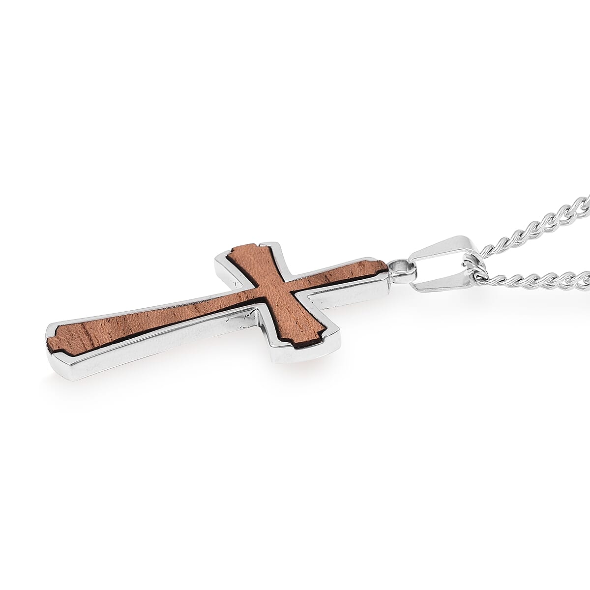 Acacia Wood Enameled Stainless Steel Men's Ring (Size 10) and Cross Pendant With Chain (24 in) image number 6