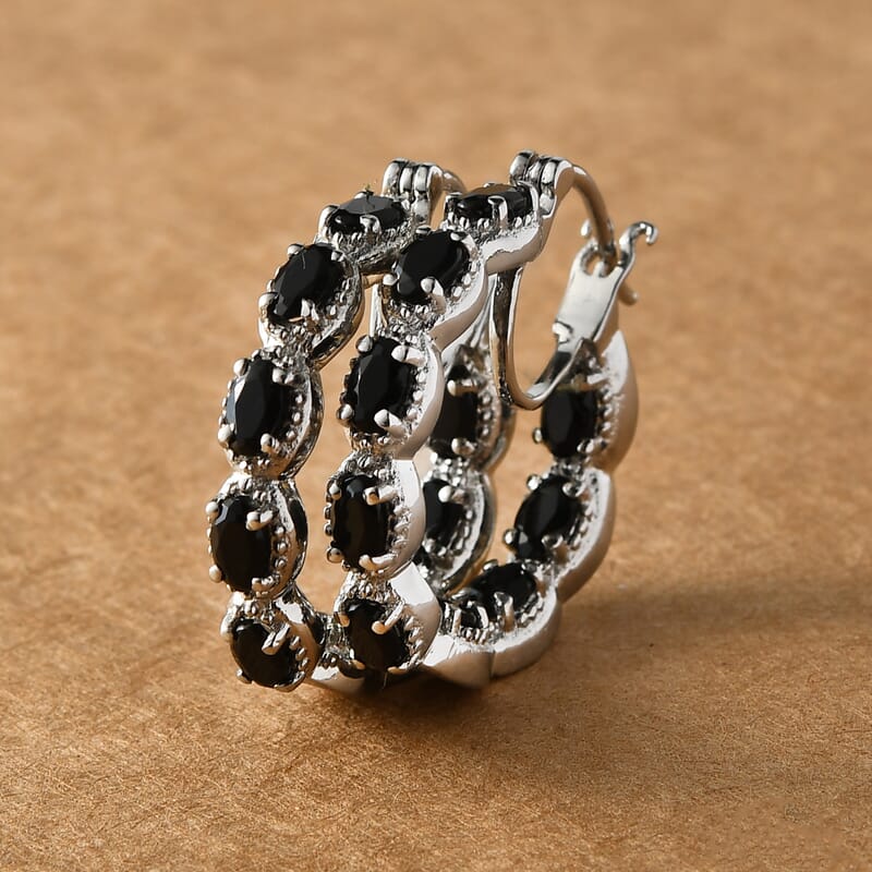 Black Onyx 3.25 ctw Inside Out Hoop Earrings in Stainless Steel