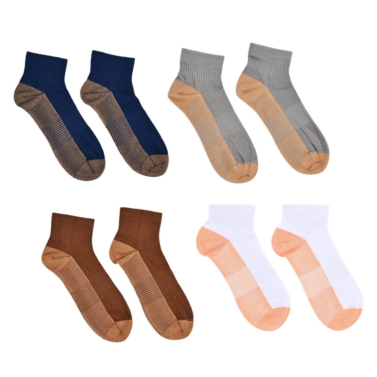 Set of 4 Pairs of Ankle Length Odor Free Copper Compression Socks For Men And Women, Premium Material Moisture Wicking Unisex Copper Infused Socks - Gray, Brown, Blue and White (S/M) image number 0