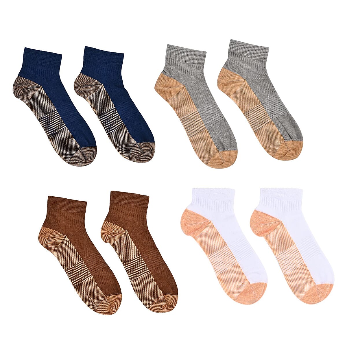 Set of 4 Pairs of Ankle Length Odor Free Copper Compression Socks For Men And Women, Premium Material Moisture Wicking Unisex Copper Infused Socks - Gray, Brown, Blue and White (L/XL) image number 0