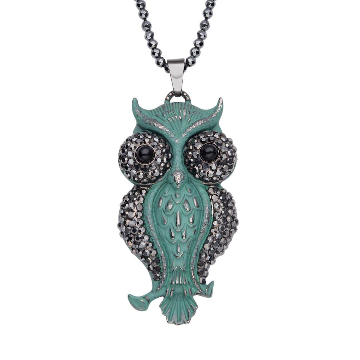 Hematite and Multi Gemstone, Enameled Owl Pendant With Necklace 32 Inches in Dark Silvertone 88.00 ctw image number 0