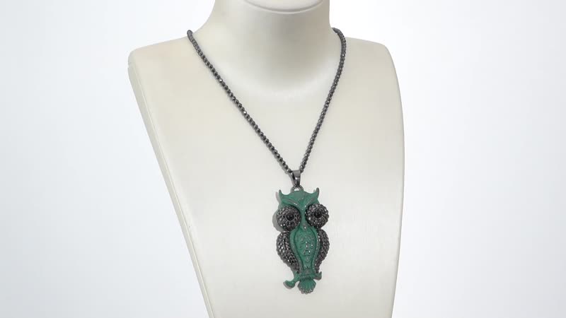 88 ctw Hematite and Multi Gemstone Owl Pendant With Necklace 32 Inch in Dark Silvertone
