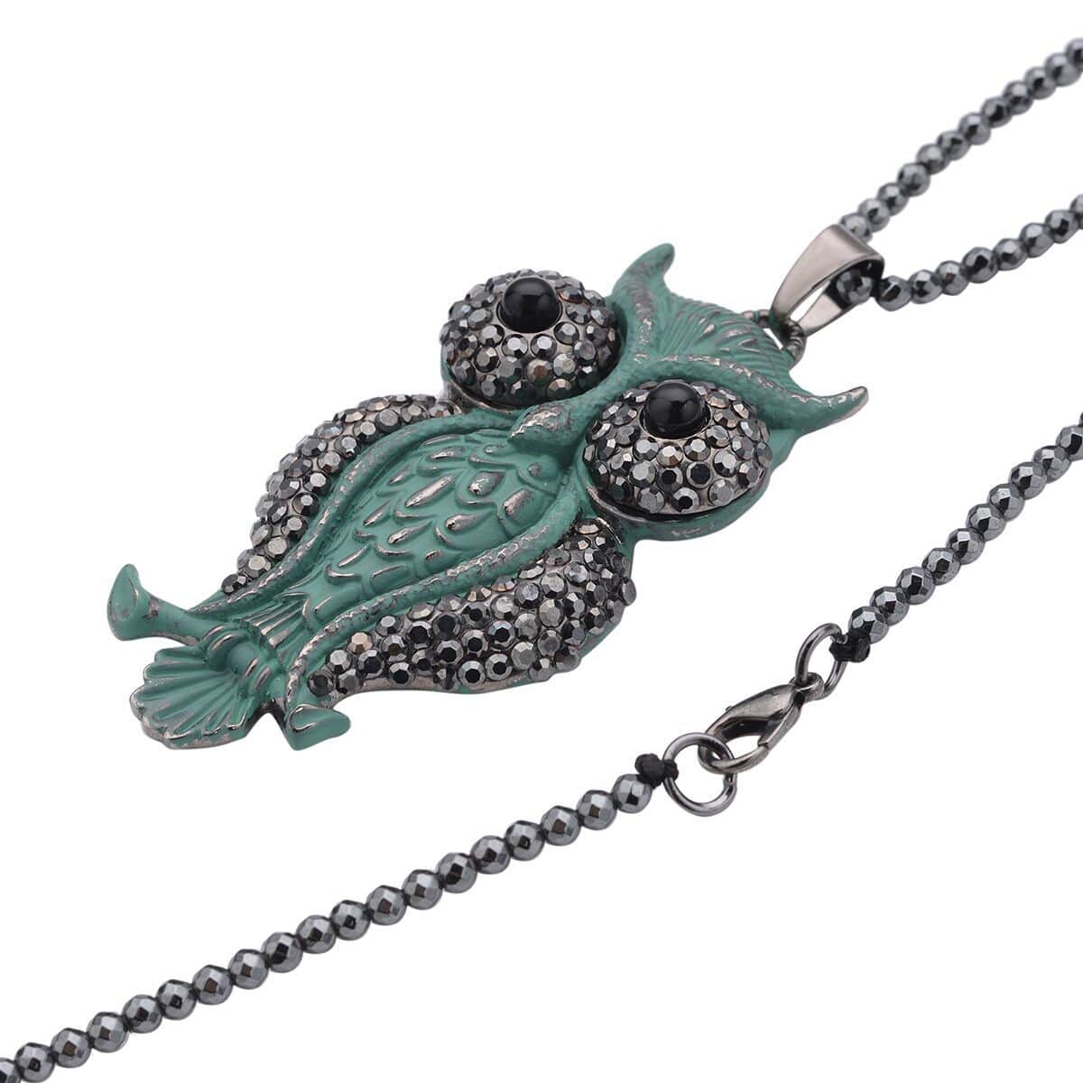 Hematite and Multi Gemstone, Enameled Owl Pendant With Necklace 32 Inches in Dark Silvertone 88.00 ctw image number 2