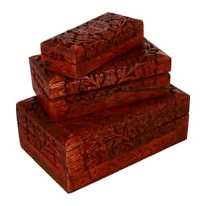 Handcraft Set of 3 Kashmiri and Butterfly Carved Finished Mango Wooden Nesting Boxes