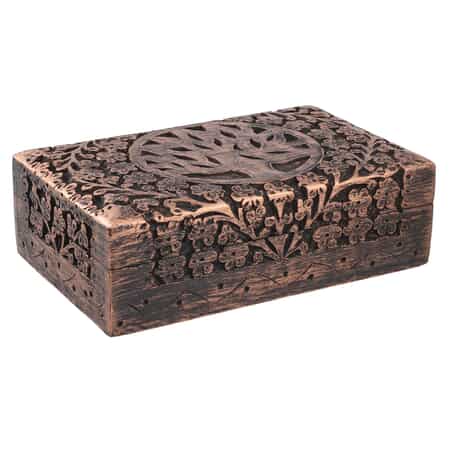Matte and Copper Finished Tree of Life Hand Carved Mango Wooden Jewelry Storage Box image number 0