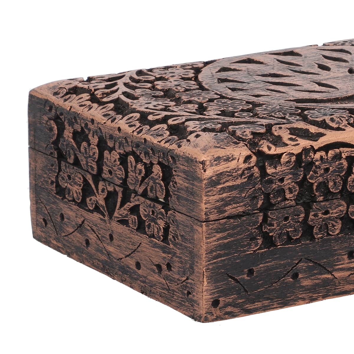 Matte and Copper Finished Tree of Life Hand Carved Mango Wooden Jewelry Storage Box image number 4