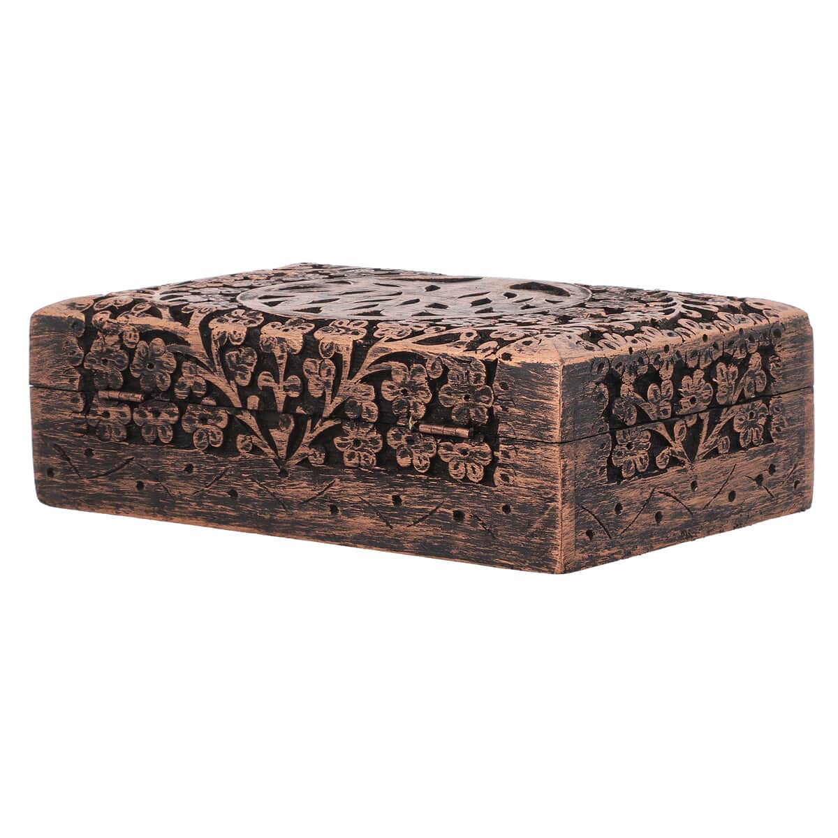 Matte and Copper Finished Tree of Life Hand Carved Mango Wooden Jewelry Storage Box image number 5