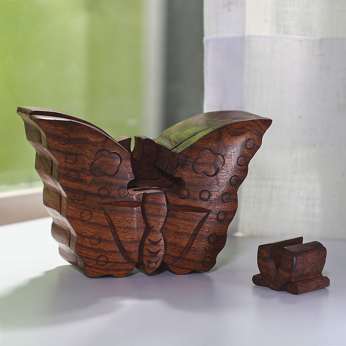 Hand Carved Mango Wooden Butterfly Puzzle Box image number 1