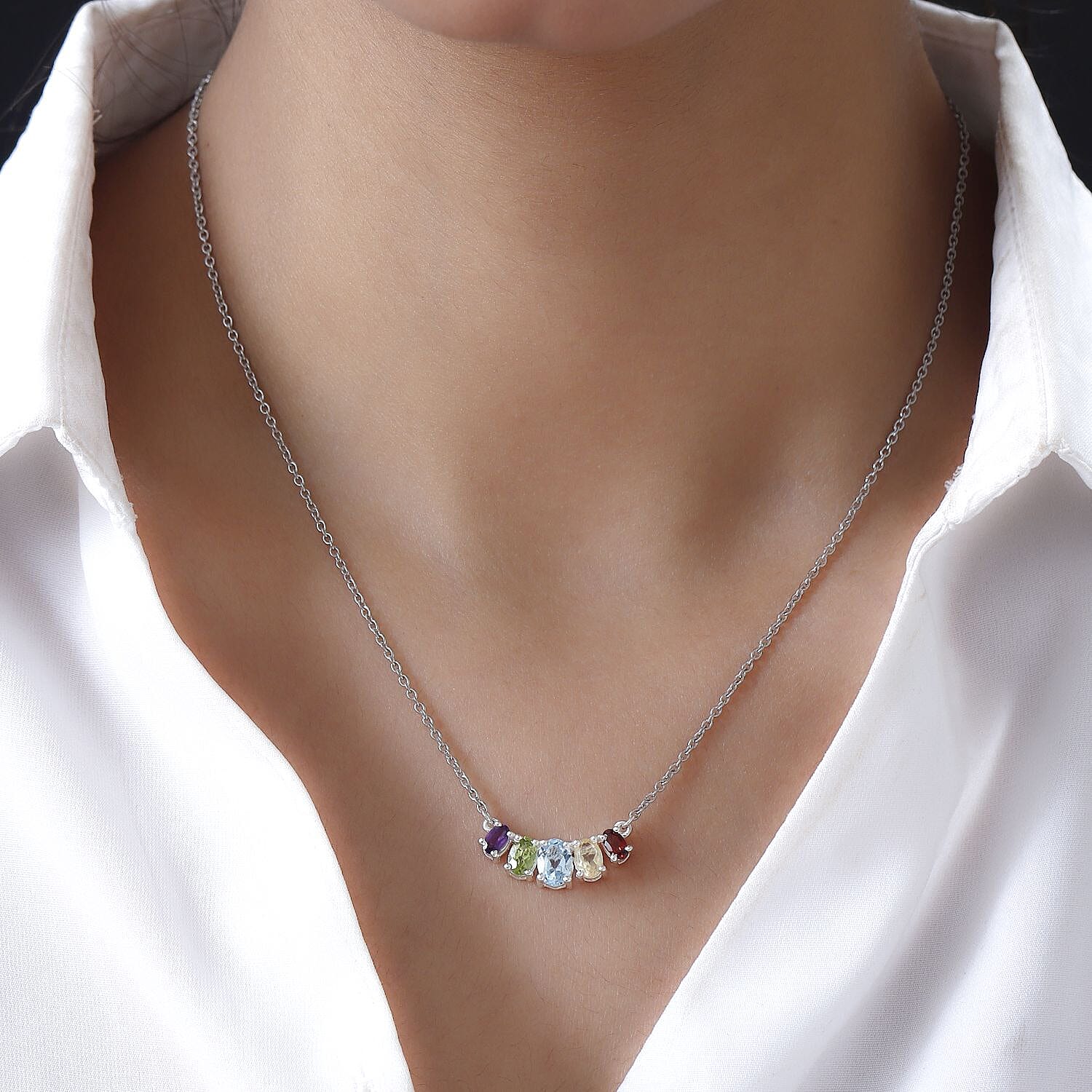 Multi Gemstone Single Strand Necklace in Sterling Silver| Five Stone Necklace| Birthday Gifts For Her (18 Inches) 2.35 ctw