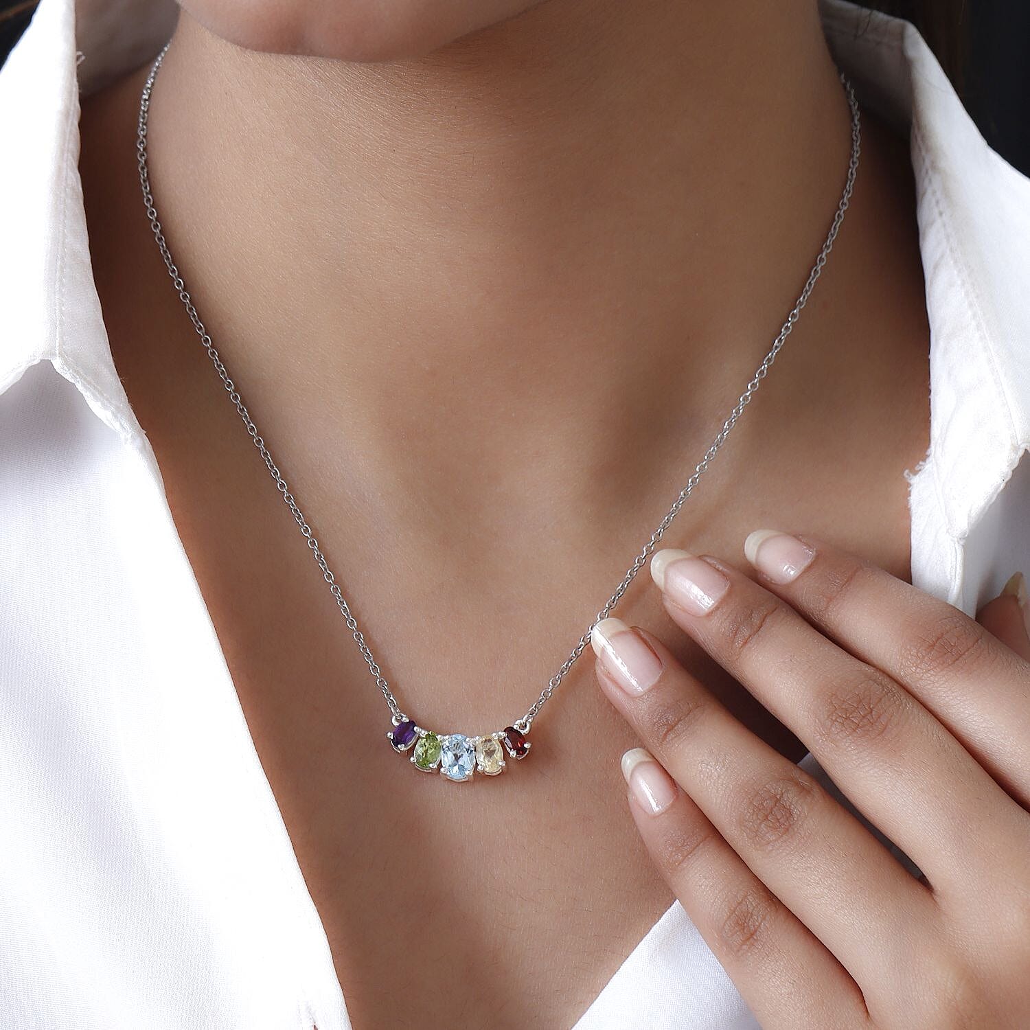 Multi Gemstone Single Strand Necklace in Sterling Silver| Five Stone Necklace| Birthday Gifts For Her (18 Inches) 2.35 ctw