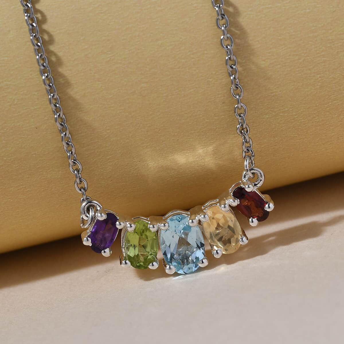 Multi Gemstone Single Strand Necklace in Sterling Silver| Five Stone Necklace| Birthday Gifts For Her (18 Inches) 2.35 ctw image number 3