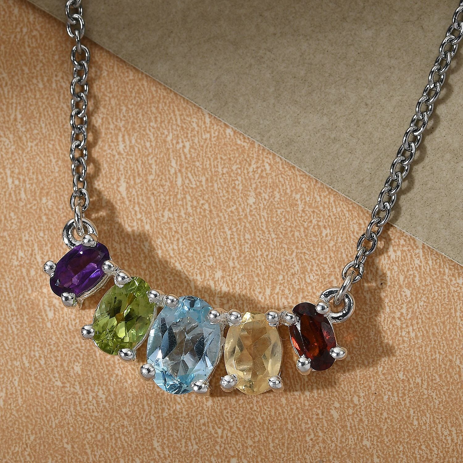 Multi Gemstone Single Strand Necklace in Sterling Silver| Five Stone Necklace| Birthday Gifts For Her (18 Inches) 2.35 ctw