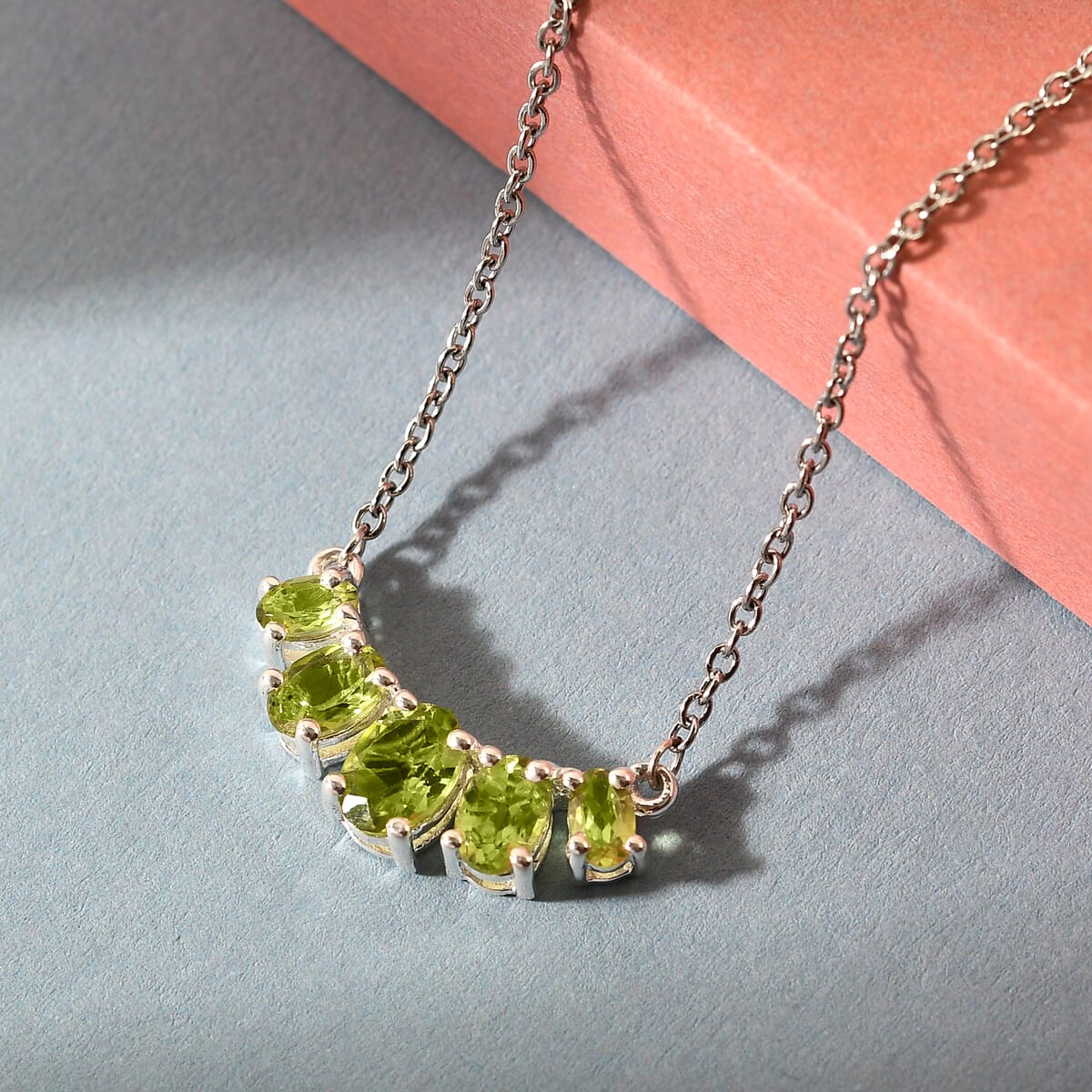 D'Joy Peridot 2.30 ctw 5 Stone Bar Necklace 18-20 Inches in Sterling Silver and Stainless Steel image number 1