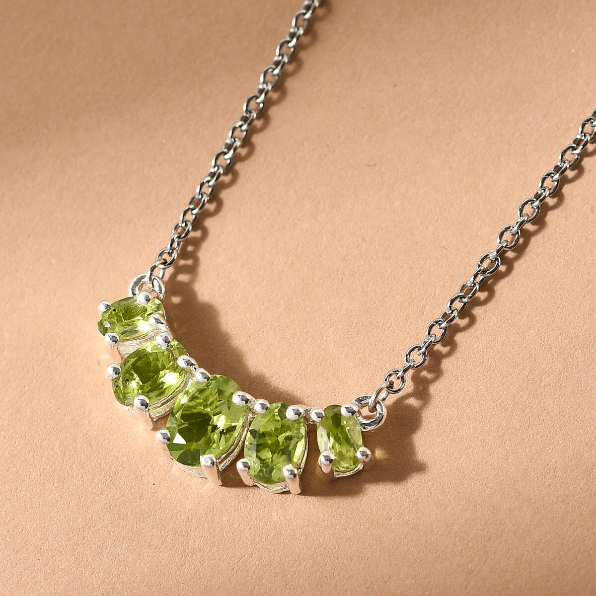 D'Joy Peridot 2.30 ctw 5 Stone Bar Necklace 18-20 Inches in Sterling Silver and Stainless Steel image number 2