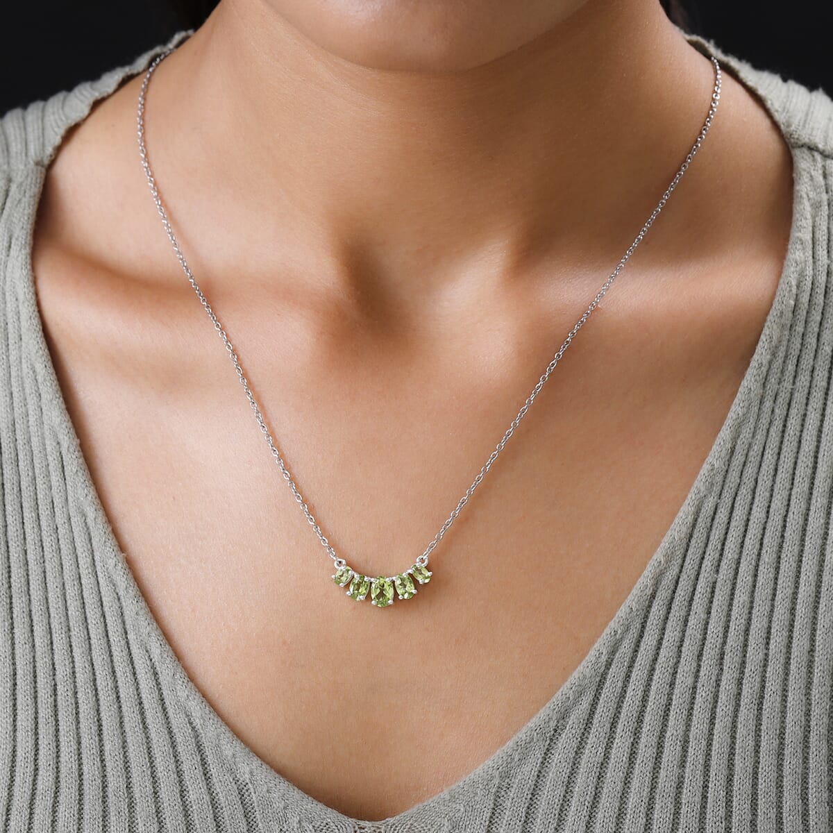 D'Joy Peridot 2.30 ctw 5 Stone Bar Necklace 18-20 Inches in Sterling Silver and Stainless Steel image number 3