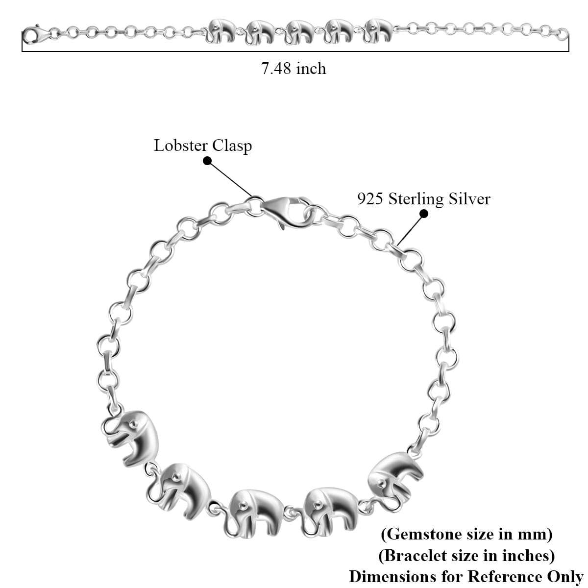 Linked Elephants Bracelet in Sterling Silver (7.25 In) 7.15 Grams image number 7