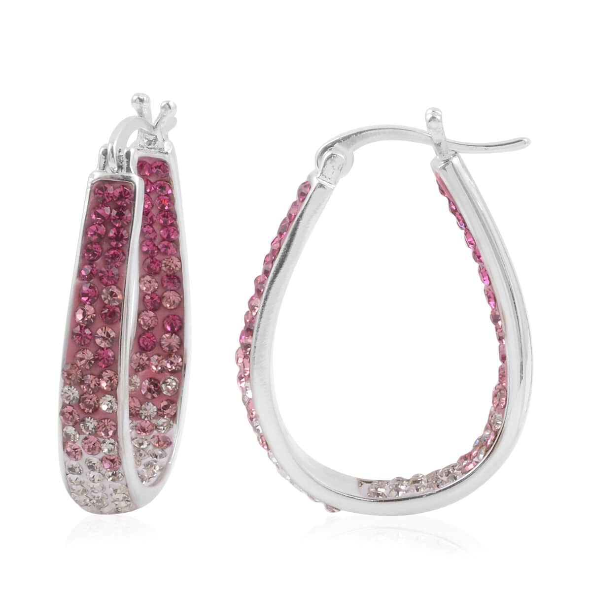 Pink and Red and White Austrian Crystal Inside Out Hoop Earrings in Silvertone image number 0