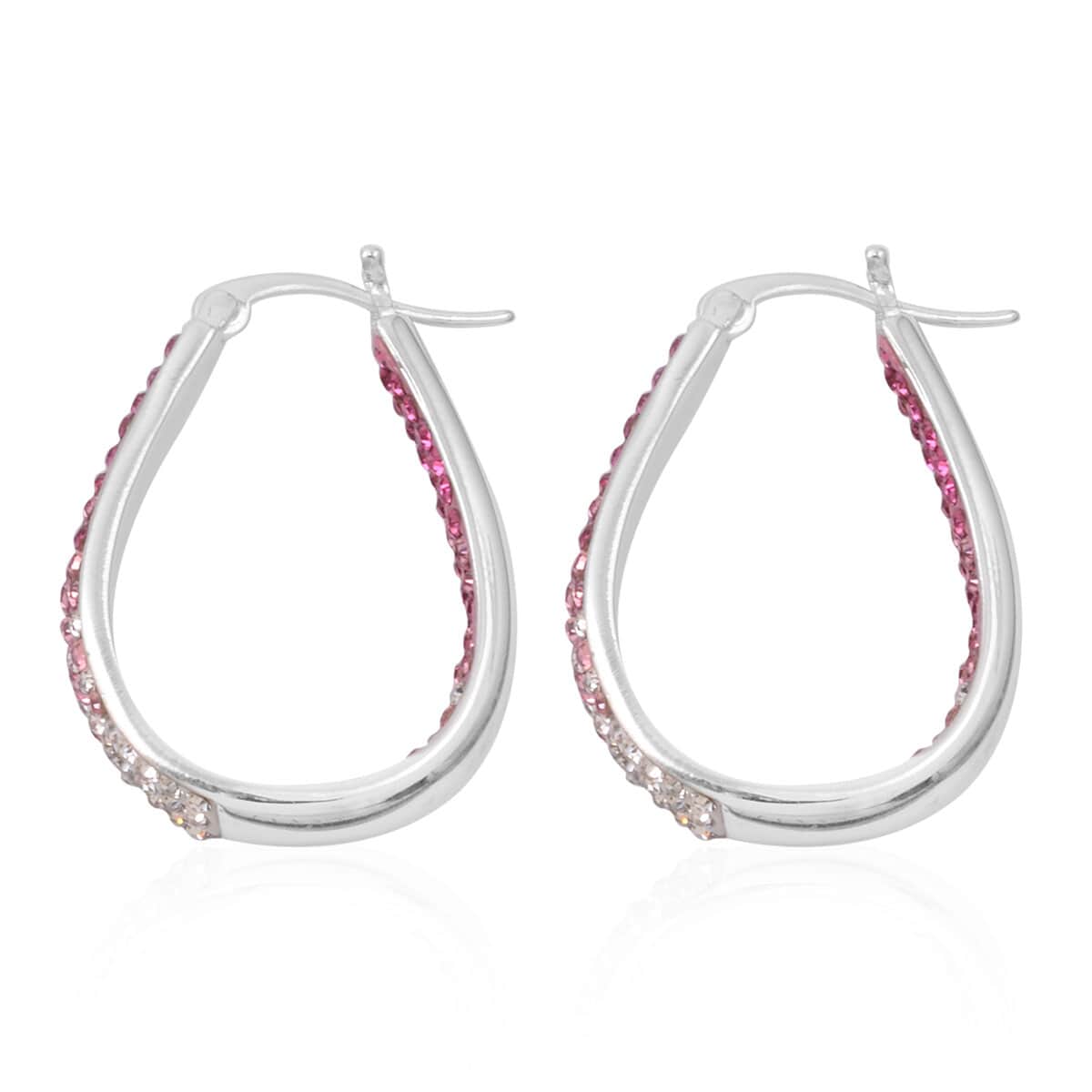 Pink and Red and White Austrian Crystal Inside Out Hoop Earrings in Silvertone image number 2