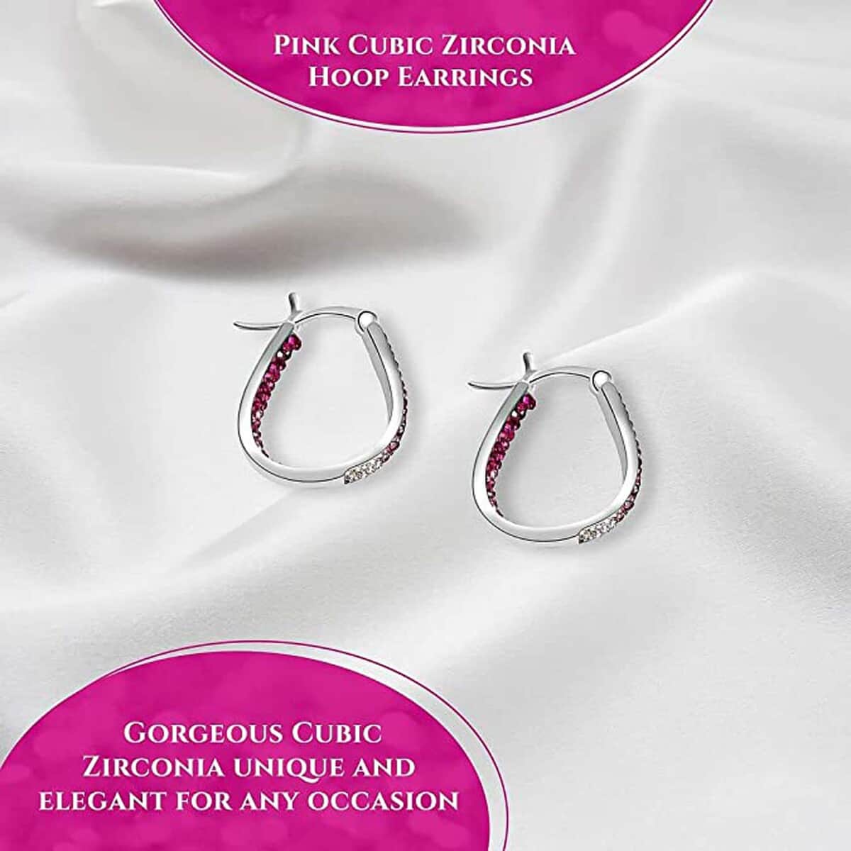 Pink and Red and White Austrian Crystal Inside Out Hoop Earrings in Silvertone image number 3